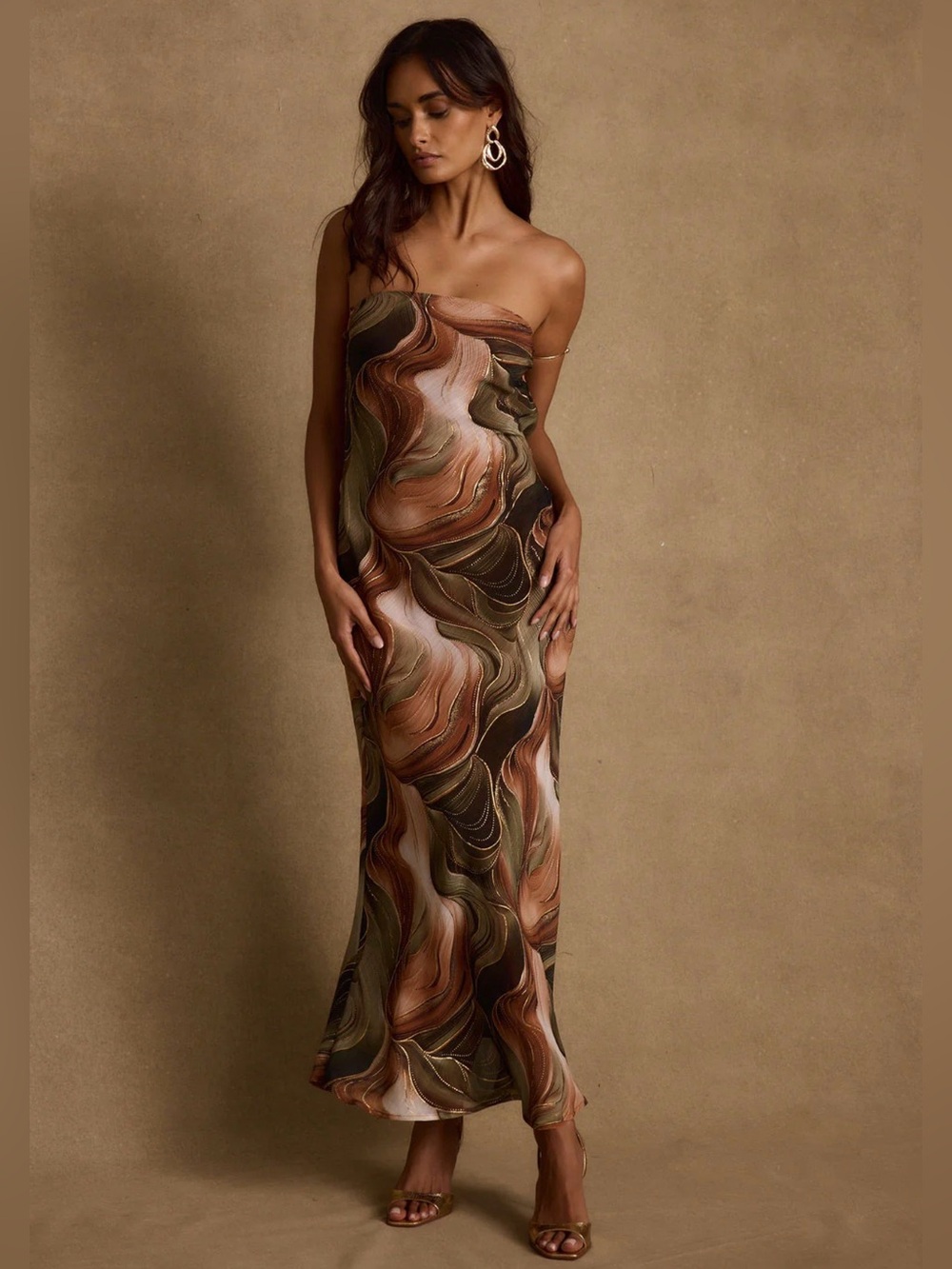 12th Tribe Natalia Strapless Maxi Dress in Olive, Rust & Cream Swirl with Gold.